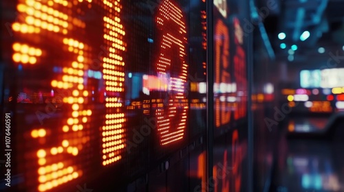 Close-up of a digital stock market display showing numbers and bar charts,