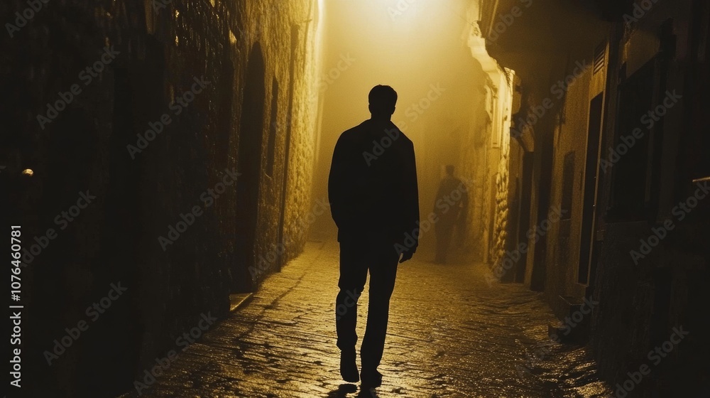 Fototapeta premium Silhouette of a man walking through a misty alley at night, evoking a sense of danger or crime.