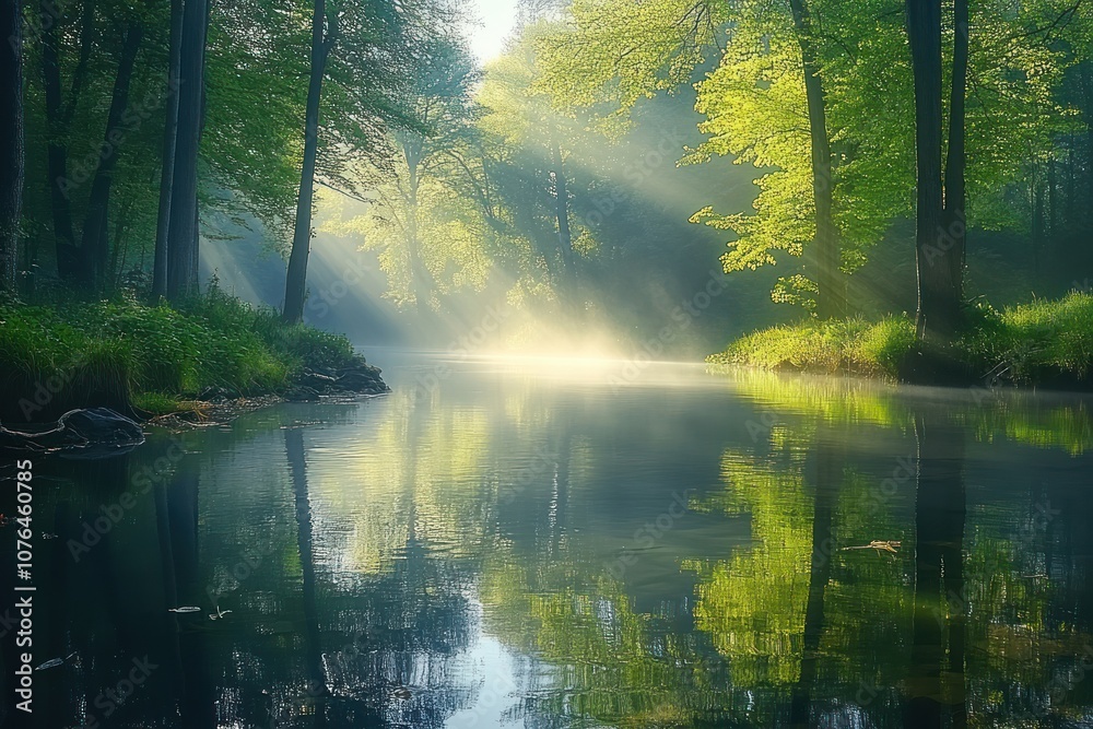 Obraz premium Sunbeams Illuminating a Misty River in a Forest