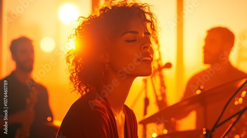 Three Musicians Collaborating Passionately in a Sunlit Studio Setting at Sunset