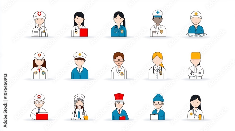 Collection of icons representing various professional roles and careers including police officer nurse architect and lawyer depicted in a clean minimalist style Collection of icons representing various professional roles and careers including police officer nurse architect and lawyer depicted in a clean minimalist style