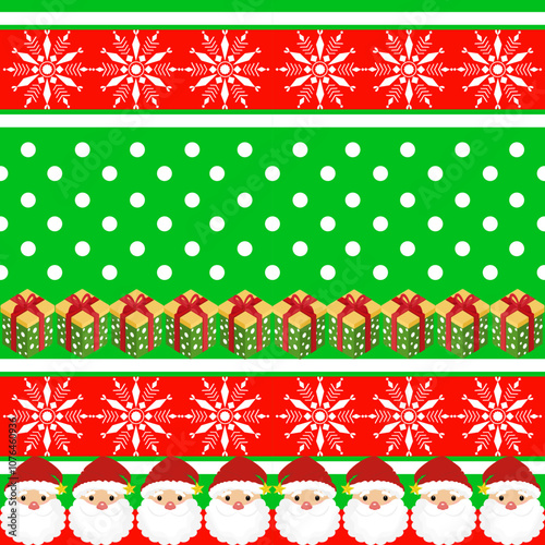 Cute gift box and Santa Claus shape seamless pattern with snow white dot and starburst on green wallpaper and vector background. Christmas and new year concept