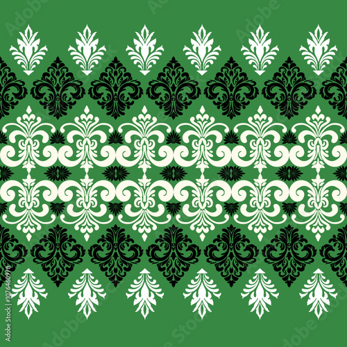 Abstract Ikat white and black floral damask shape seamless pattern on green wallpaper and vector background. vintage and classic concept