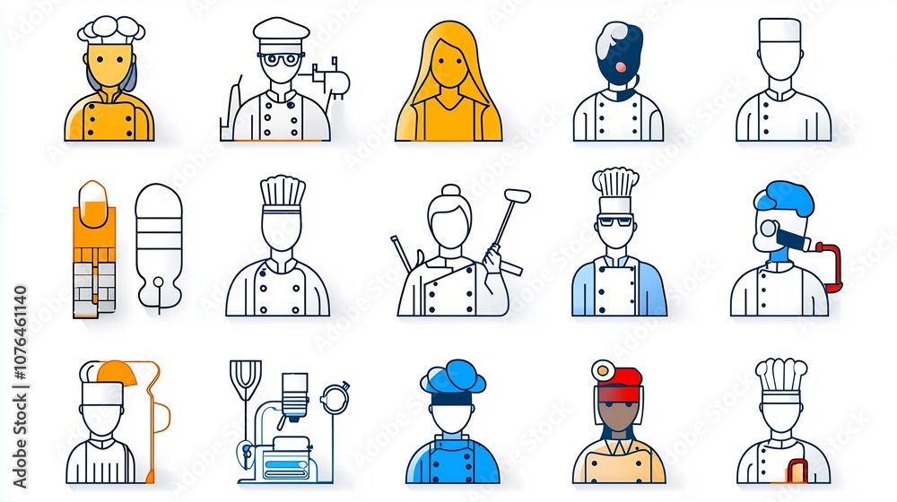 Set of simple minimalist icons depicting a diverse range of occupations and professions including soldier chef scientist and teacher in a clean and stylized design