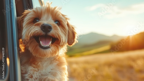 A cheerful dog gleefully gazes out of a car window, embracing the joy and freedom of a sunny drive surrounded by beautiful countryside on a warm day.