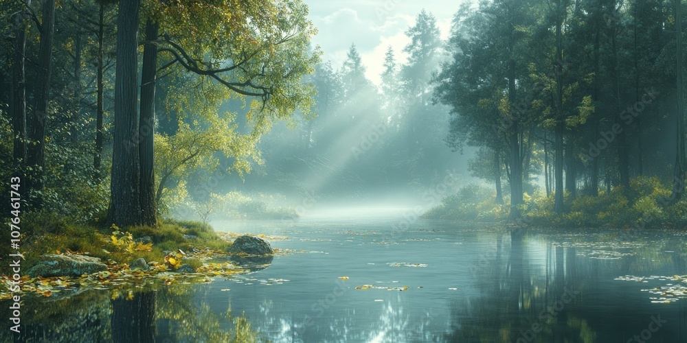 Sunbeams Illuminating a Foggy Forest River