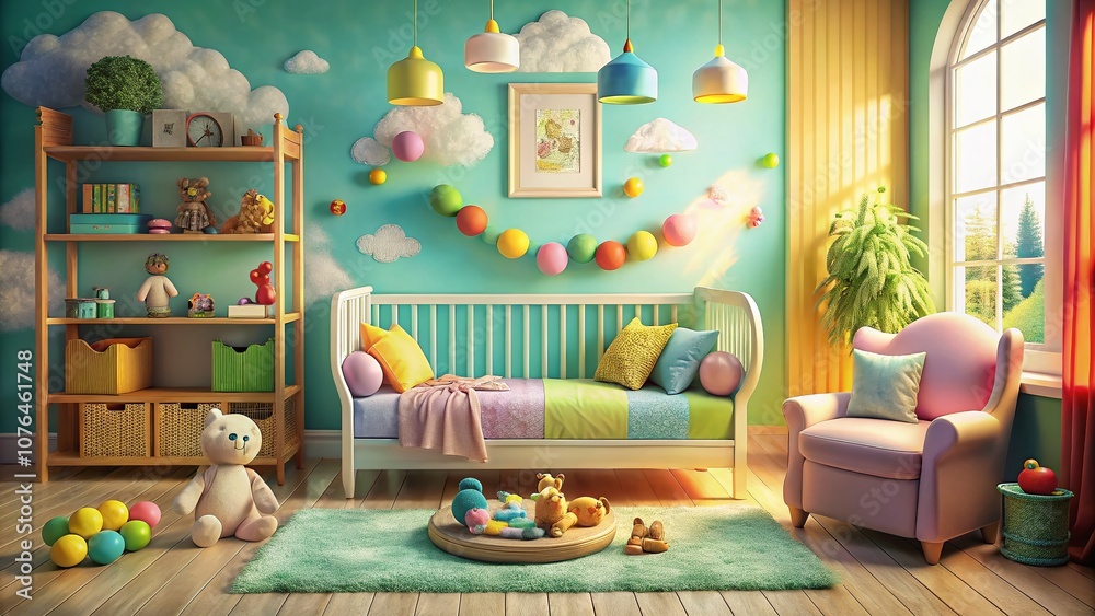 Enchanting Baby Room with Plush Couch, Colorful Toys, and Whimsical Decor in Soft Pastel Colors Creating a Playful Atmosphere for Infants and Toddlers Enchanting Baby Room with Plush Couch, Colorful Toys, and Whimsical Decor in Soft Pastel Colors Creating a Playful Atmosphere for Infants and Toddlers