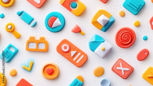  Abstract seamless pattern with colorful buttons and icons on a white background, in a flat lay