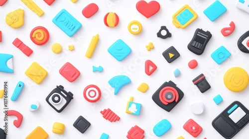  Abstract seamless pattern with colorful buttons and icons on a white background, in a flat lay