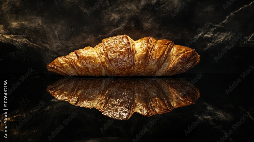 Golden Croissant on Reflective Surface Golden Croissant on Reflective Surface