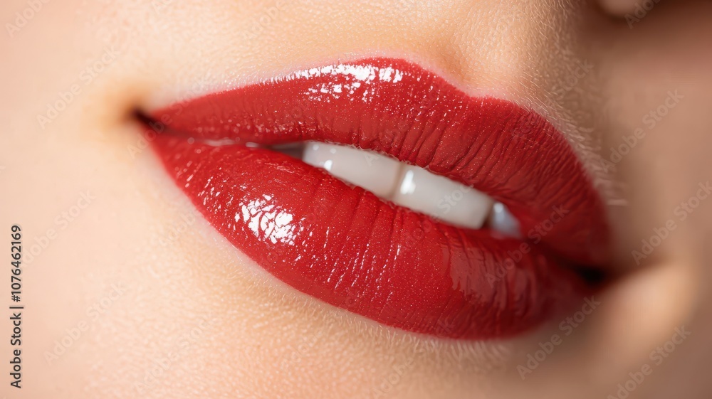 A close-up of glossy red lips with a subtle smile, showcasing vibrant color and healthy shine. A close-up of glossy red lips with a subtle smile, showcasing vibrant color and healthy shine.
