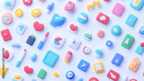  Abstract seamless pattern with colorful buttons and icons on a white background, in a flat lay