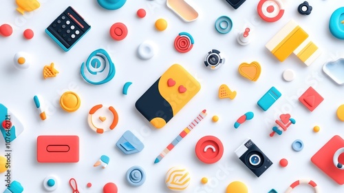  Abstract seamless pattern with colorful buttons and icons on a white background, in a flat lay