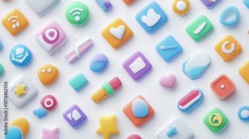  Abstract seamless pattern with colorful buttons and icons on a white background, in a flat lay