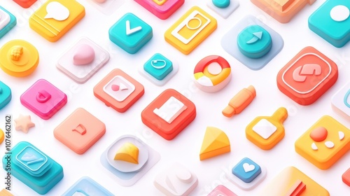  Abstract seamless pattern with colorful buttons and icons on a white background, in a flat lay