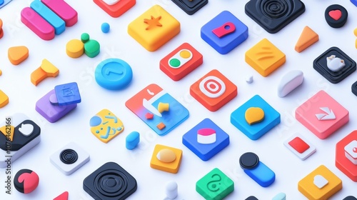  Abstract seamless pattern with colorful buttons and icons on a white background, in a flat lay