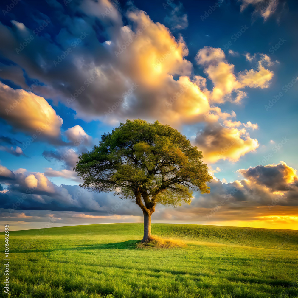 lone tree in green field with blue cloudy sky lone tree in green field with blue cloudy sky