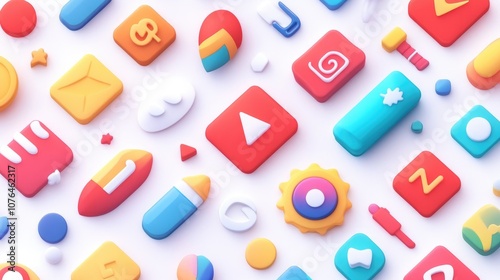 Abstract seamless pattern with colorful buttons and icons on a white background, in a flat lay