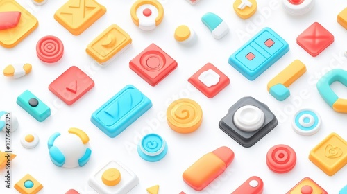  Abstract seamless pattern with colorful buttons and icons on a white background, in a flat lay