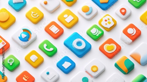  Abstract seamless pattern with colorful buttons and icons on a white background, in a flat lay