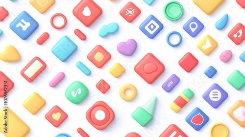  Abstract seamless pattern with colorful buttons and icons on a white background, in a flat lay