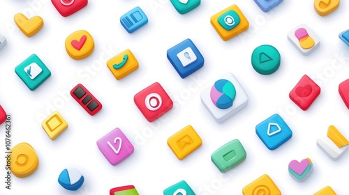  Abstract seamless pattern with colorful buttons and icons on a white background, in a flat lay