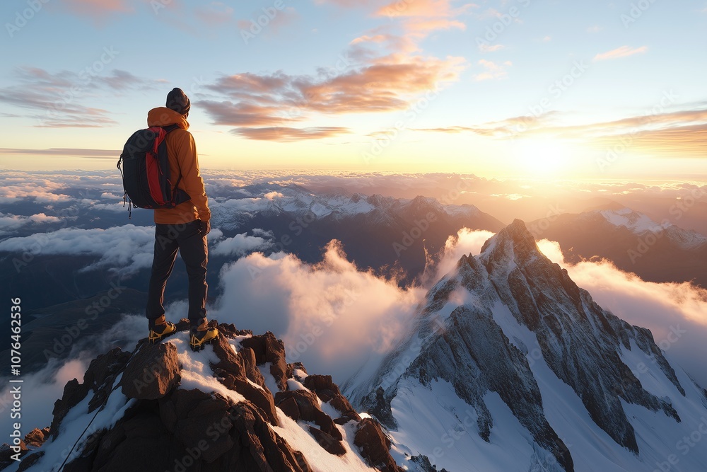 Fototapeta premium Hiker Enjoys Breathtaking Sunrise View from Mountain Peak