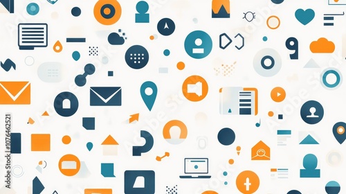  Abstract seamless pattern with colorful buttons and icons on a white background, in a flat lay