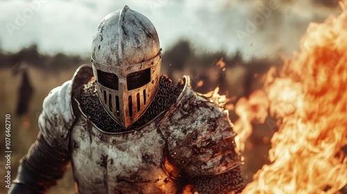 An armored knight in chainmail fiercely emerges from a blazing field, the flames reflecting off his helmet, representing bravery, strength, and resilience. photo