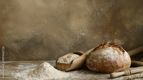 Rustic bread and flour arrangement on wooden table