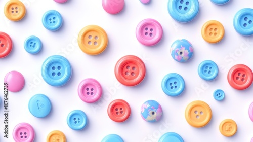  Abstract seamless pattern with colorful buttons and icons on a white background, in a flat lay