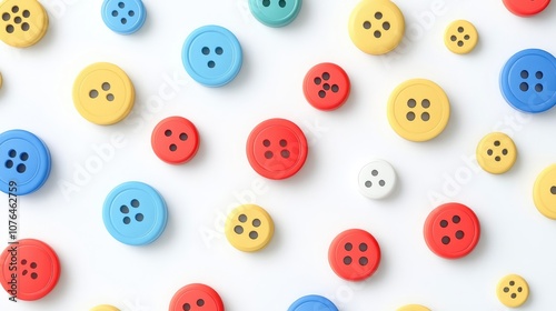  Abstract seamless pattern with colorful buttons and icons on a white background, in a flat lay