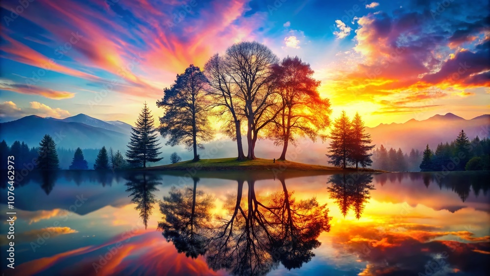 Enchanting Double Exposure Photography of Silhouetted Trees Merging with Vibrant Nature Scenes, Creating a Dreamy and Artistic Composition for Nature Lovers and Art Enthusiasts Enchanting Double Exposure Photography of Silhouetted Trees Merging with Vibrant Nature Scenes, Creating a Dreamy and Artistic Composition for Nature Lovers and Art Enthusiasts