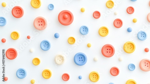  Abstract seamless pattern with colorful buttons and icons on a white background, in a flat lay