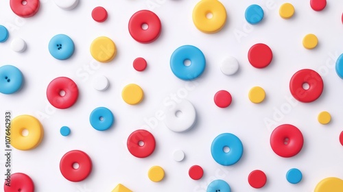  Abstract seamless pattern with colorful buttons and icons on a white background, in a flat lay