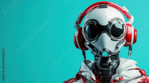 A sleek robot wears red headphones and an abstract-design hoodie, set against a turquoise background, emanating a sense of modernity and creative expression. photo