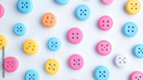  Abstract seamless pattern with colorful buttons and icons on a white background, in a flat lay