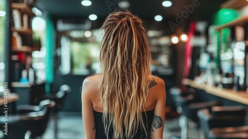 A woman with long, wavy hair faces forward in a chic and modern salon setting, capturing the essence of contemporary fashion and style in professional environments. photo