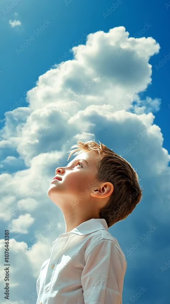 A young boy looks up at the clouds on a bright, sunny day A young boy looks up at the clouds on a bright, sunny day