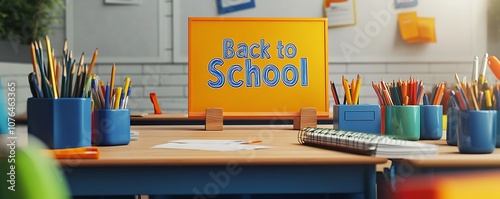 A classroom desk set up with vibrant stationery and a prominent 