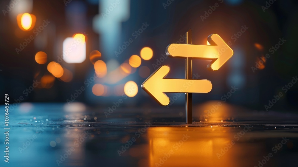Glowing arrow signs at night on wet urban street with bokeh lights Glowing arrow signs at night on wet urban street with bokeh lights