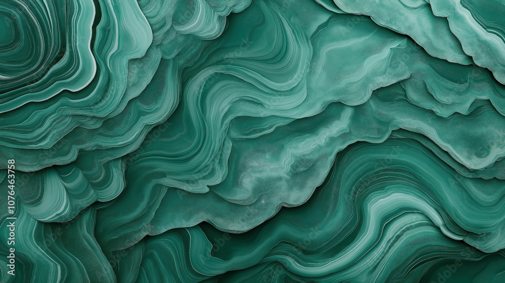 Obraz premium Abstract green textured background with layered swirling patterns resembling natural stone or mineral formations, featuring various shades of green and intricate flowing lines.
