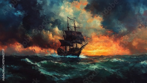 Ship Sailing Through a Dramatic Sunset