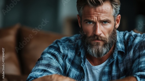 A thoughtful man with a full beard and blue plaid shirt sits deep in contemplation on a brown leather sofa, exuding an ambiance of introspection and modern style. photo