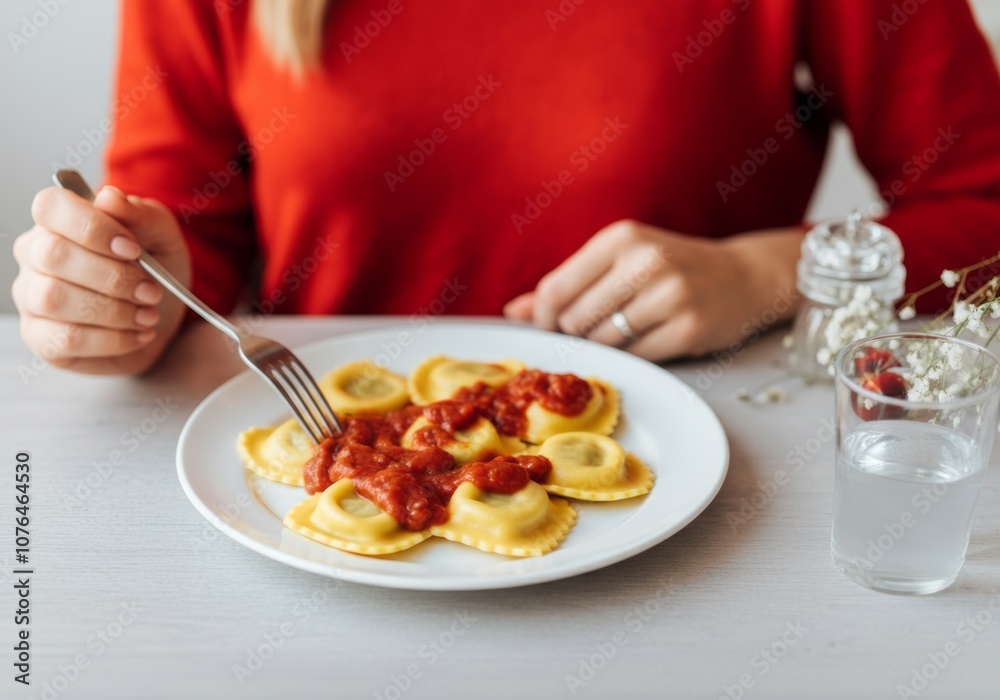 Woman enjoying homemade ravioli with tomato sauce at a cozy dining table Woman enjoying homemade ravioli with tomato sauce at a cozy dining table