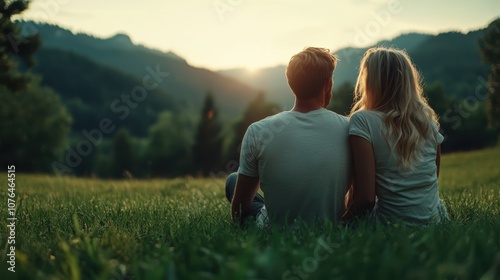 A couple sits closely together in a green mountain field, enjoying a peaceful sunset, symbolizing love, harmony, and tranquility with nature's beauty as a backdrop.