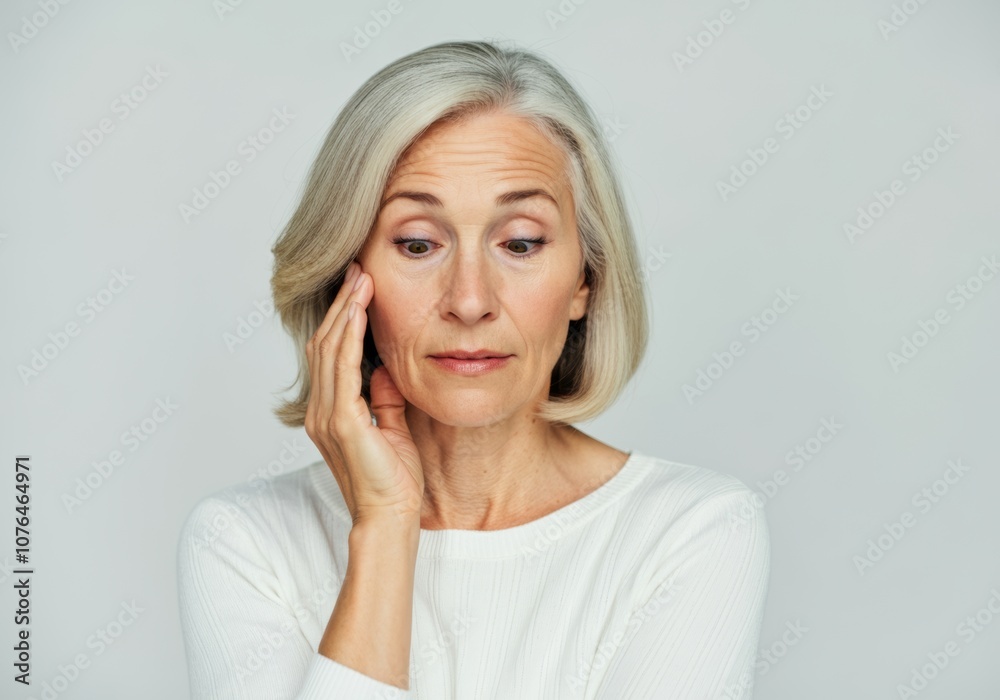 Contemplative senior woman with hand on face in thoughtful expression Contemplative senior woman with hand on face in thoughtful expression