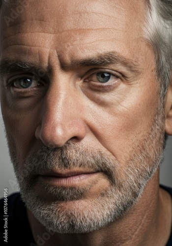 Contemplative closeup of mature man with grey hair and beard