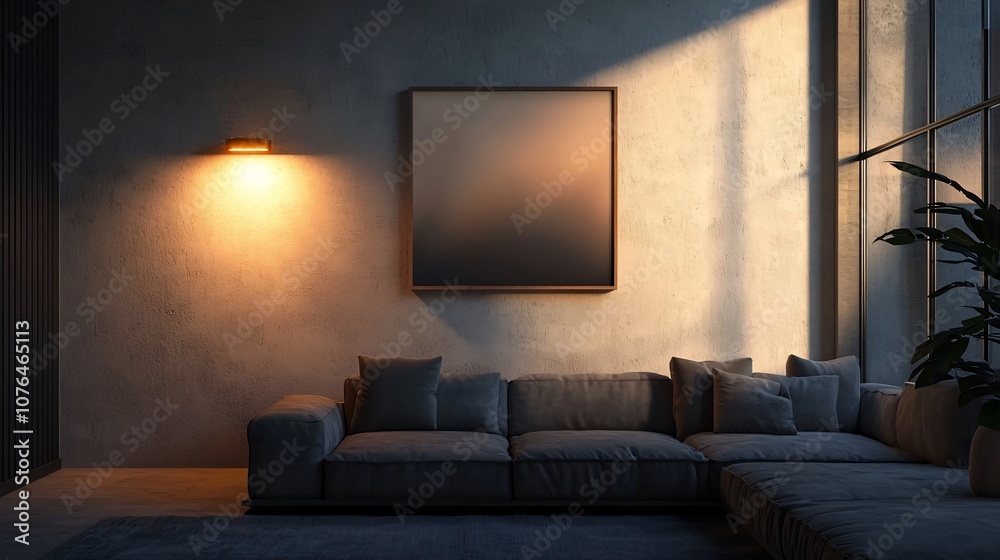 Fototapeta premium Minimalist Living Room with Intentional Decor and Glowing Wall Sconces