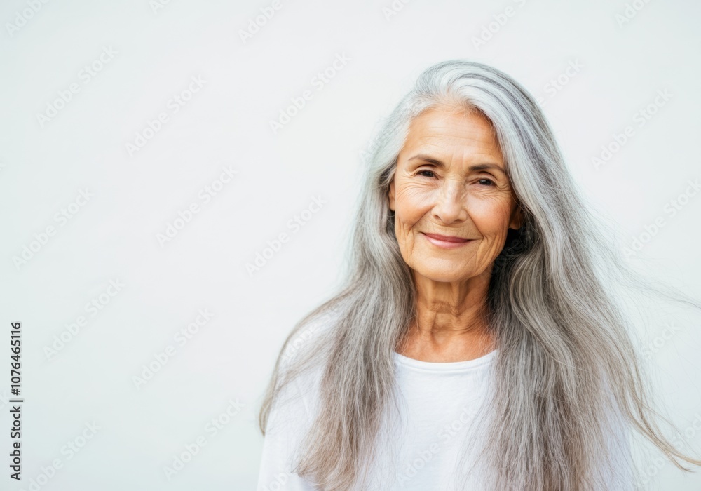 Graceful senior woman with long gray hair smiling in white shirt against minimal background Graceful senior woman with long gray hair smiling in white shirt against minimal background
